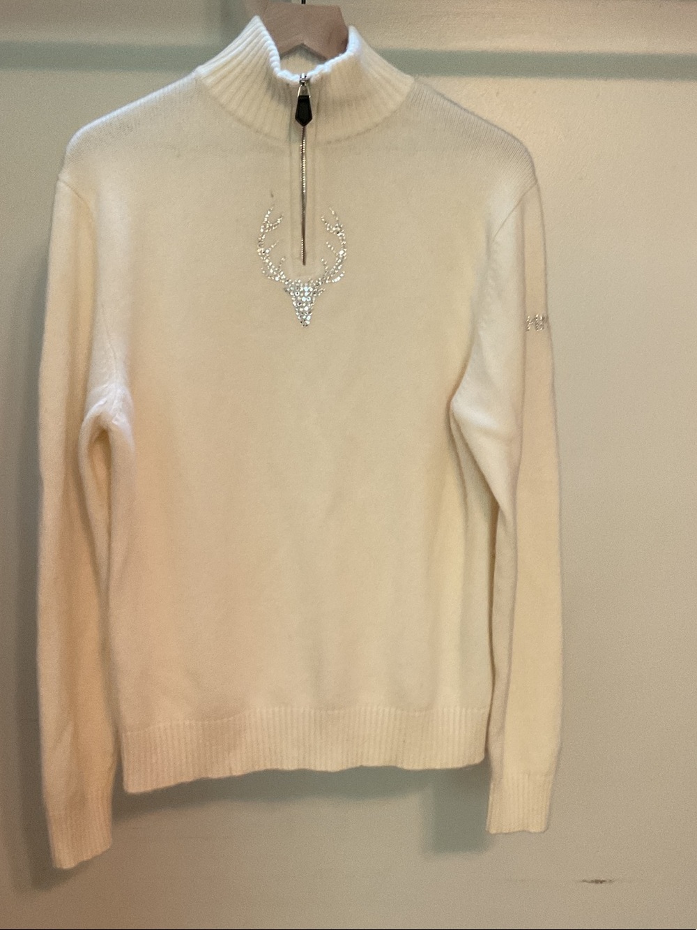 Cream Rhinestone Deer Motif Half-Zip Turtleneck Sweater